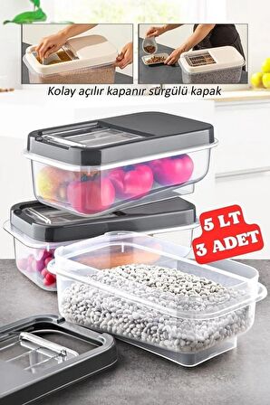 3 Adet 5 Lt Kolay Kayar Kapaklı Multibox Erzak Bakliyat Vs. Saklama Kabı Antrasit