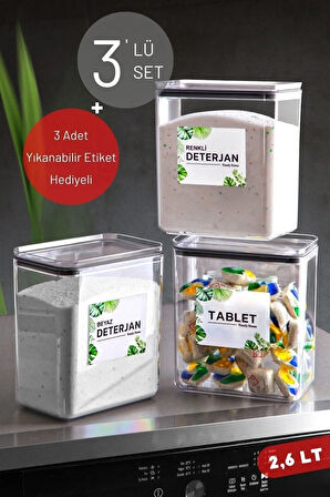 3'lü Set 2,6 Lt Etiketli Renkli Deterjan, Beyaz Deterjan & Etiketli Tablet Saklama Kabı Şeffaf