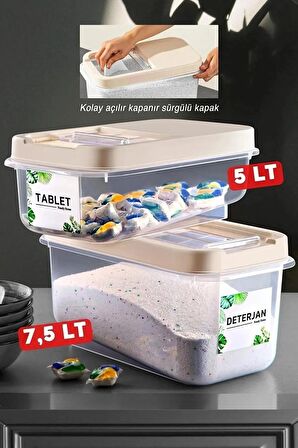 2'li Etiketli Kayar Kapaklı Deterjan Saklama Kabı - Tablet Deterjan Saklama Kutusu 5lt-7,5lt Krem