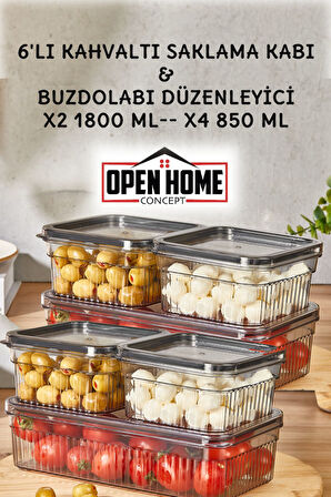6'lı Sızdırmaz Kapaklı Kahvaltı Saklama Kabı - x2 1800 ml - x4 850 ml