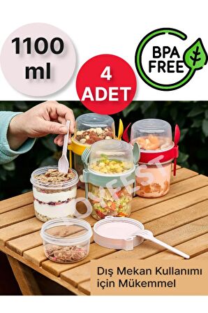 4 ADET Diyet & Kahvaltı için Çatal & Kaşıklı Kapaklı Yoğurt Müsli Salata Meyve Saklama Kabı - 1100ml