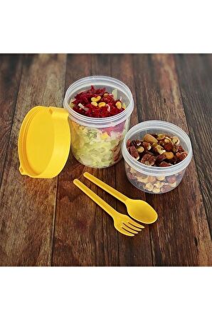 4 ADET Diyet & Kahvaltı için Çatal & Kaşıklı Kapaklı Yoğurt Müsli Salata Meyve Saklama Kabı - 1100ml