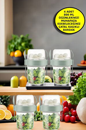 4 Adet Diyet & Kahvaltı Için Çatal & Kaşıklı Kapaklı Yoğurt Müsli Salata Meyve Saklama Kabı - 800ml