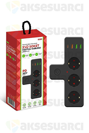vmk Nesil 3'lü Duvar Priz Termal Akım Korumalı Priz 3 x USB, 1 x Type-C 20W PD Giriş Life 103768