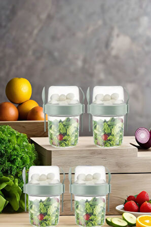 4 Adet Diyet & Kahvaltı Için Çatal & Kaşıklı Kapaklı Yoğurt Müsli Salata Meyve Saklama Kabı - 800 ml