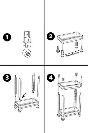 1 Adet Tezgah Altı Tekerlekli Raf Ünitesi Siyah