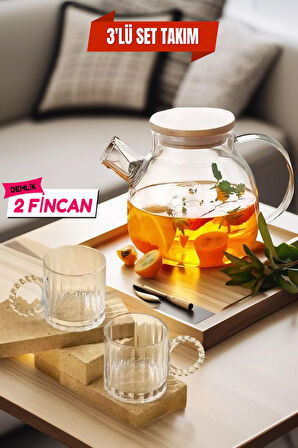 3'lü Set 1 Adet Cam Demlik 1000 ml - 2 Fincan 250 ml Takım / Model 1