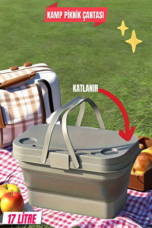 17 Litre Gri Katlanır  Piknik Kamp Çantası