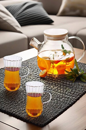 3'lü Set 1 Adet Cam Demlik 1000 ml - 2 Fincan 225 ml Takım - Model 2