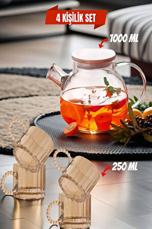 4 Kişilik Set Takım 1 Adet Cam Demlik 1000 ml - 4 Fincan 250 ml - Model 4