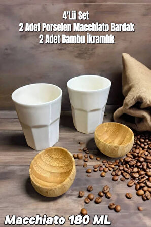 4'lü Set - 2 Adet Macchiato Bardak - 2 Adet Bambu İkramlık