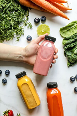 3 Adet Smoothie Detoks Şişesi Şeffaf Plastik Sızdırmaz Kapak Köşeli Meyve Suyu Şişesi 300 ML