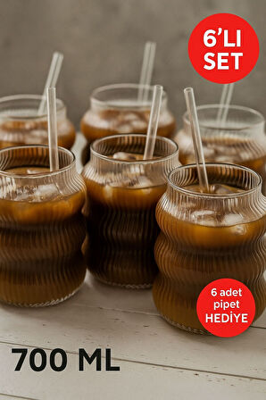 6’lı Set Cam Buzlu Soğuk Kahve Bardağı + Cam Pipet Hediyeli 700 ml