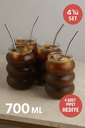 4’lü Set Cam Buzlu Soğuk Kahve Bardağı + Cam Pipet Hediyeli 700 ml