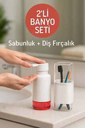 2'li Pratik Sıvı Sabunluk ve Diş Fırçalık Seti Beyaz
