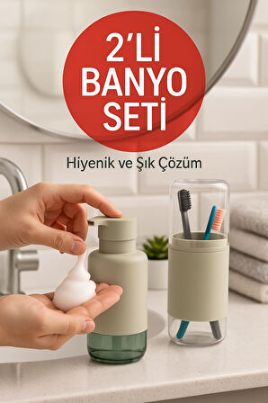 2'li Pratik Sıvı Sabunluk ve Diş Fırçalık Seti Taş Gri