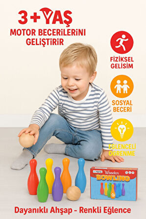 Çocuklar İçin Ahşap Bowling Seti ve Eğitici Ürün El Becersini Geliştirir Motor Beceri Katkı Sağlar