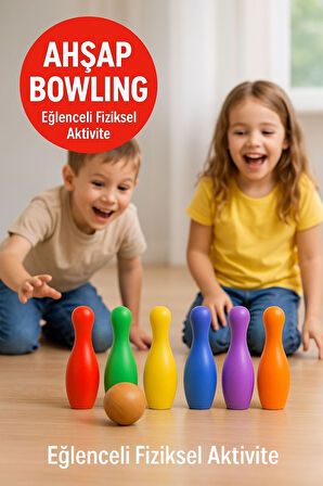 Çocuklar İçin Ahşap Bowling Seti ve Eğitici Ürün El Becersini Geliştirir Motor Beceri Katkı Sağlar