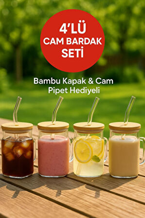 4 Adet GLASSMATE – Isıya Dayanıklı Bambu Kapaklı Bardak 650 ML