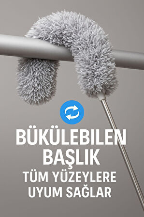 1 Adet 280 Cm Uzayabilir Mikrofiber Yumuşak Başlıklı Toz Alma Püskülü Gri Renk Temizlik Fırçası