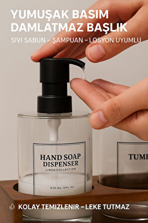 2’li Cam Ahşap Standlı Banyo Seti – Sabunluk ve Bardak – 430 ml – Modern Şık Tasarım