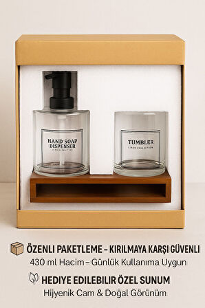 2’li Cam Ahşap Standlı Banyo Seti – Sabunluk ve Bardak – 430 ml – Modern Şık Tasarım