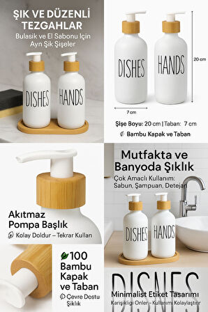 2’li Sabunluk Seti Bambu Kapaklı Çok Amaçlı Sıvı Sabun ve Deterjan Şişesi 500 ml