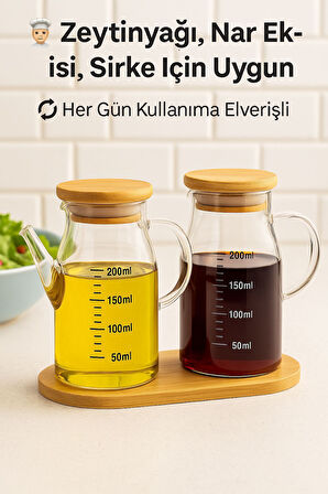 2’li Cam Yağlık Sirkelik Seti 200 ml Ölçülü Borosilikat Cam Yağdanlık + Bambu Stand