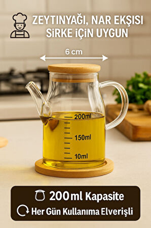2’li Cam Yağlık Sirkelik Seti 200 ml Ölçülü Borosilikat Cam Yağdanlık + Bambu Stand