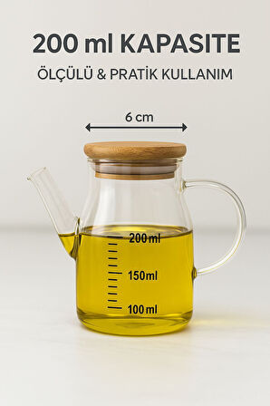 2’li Cam Yağlık Sirkelik Seti 200 ml Ölçülü Borosilikat Cam Yağdanlık + Bambu Stand