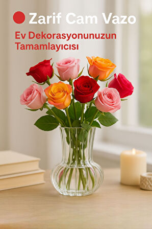 El Yapımı Şeffaf Cam Vazo – Papatya, Gül, Lilyum için Dekoratif Vazo 12 cm