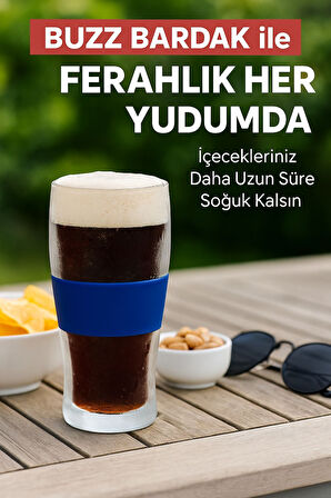 BUZZ BARDAK – 470 ML Aktif Jel Soğutmalı Cam Bardak | Silikon Tutuş Bantlı