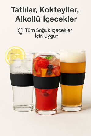 BUZZ BARDAK – 470 ML Aktif Jel Soğutmalı Cam Bardak | Silikon Tutuş Bantlı Siyah