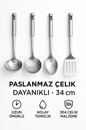 4’lü Paslanmaz Çelik Mutfak Servis Seti – Kepçe, Kevgir, Kaşık ve Spatula Takımı 34 cm