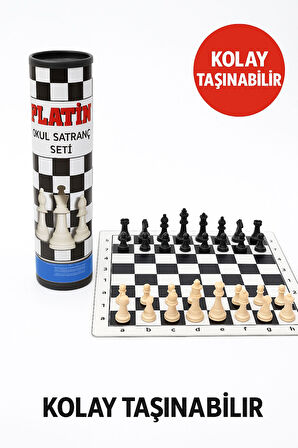 Platin Okul Tipi Rulo Satranç Seti – Dayanıklı PVC Tahta ve Silindir Taşıma Kutusu