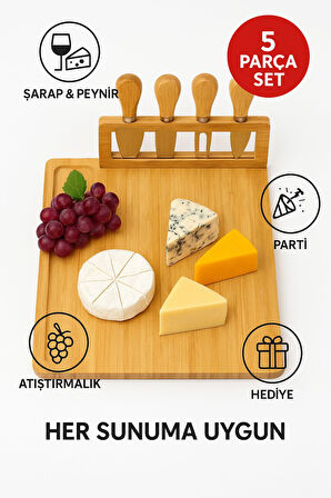 5 Parça Bambu Peynir Sunum Tahtası Seti – Bıçak, Çatal ve Spatulalı Şık Peynir Kesim Panosu