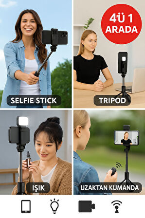 Işıklı Bluetooth Selfie Çubuğu Tripod | Uzaktan Kumandalı Vlog & Canlı Yayın Standı