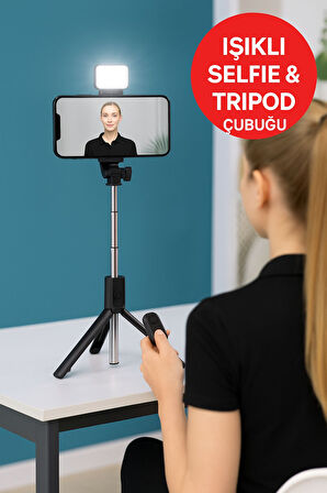 Işıklı Bluetooth Selfie Çubuğu Tripod | Uzaktan Kumandalı Vlog & Canlı Yayın Standı