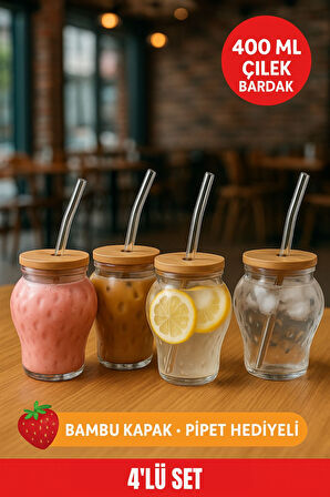 4 Adet Çilek Desenli 400 ml Borosilikat Cam Bardak – Bambu Kapaklı, Cam Pipet Hediyeli