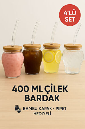 4 Adet Çilek Desenli 400 ml Borosilikat Cam Bardak – Bambu Kapaklı, Cam Pipet Hediyeli