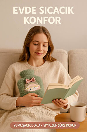 Yeşil Peluş Sıcak Su Torbası – Yumuşak, Güvenli ve Şık Saçlı Kız Model, 1 Litre