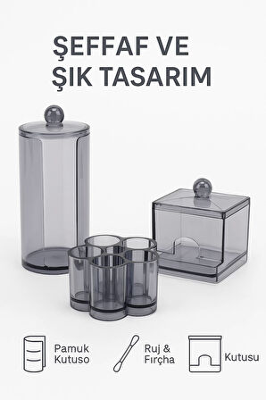 3’lü Şeffaf Akrilik Organizer Seti – Pamuk, Ruj ve Kulak Çubuğu Düzenleme Kutusu
