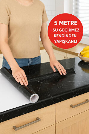 Siyah Mermer Desenli Kendinden Yapışkanlı Su Geçirmez Tezgah Kaplama Folyo – Parlak Yüzey 60x500 CM 