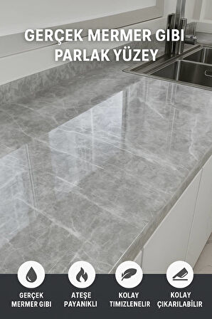 Gri Mermer Desenli Kendinden Yapışkanlı Su Geçirmez Tezgah Kaplama Folyo – Parlak Yüzey 60x500 CM 