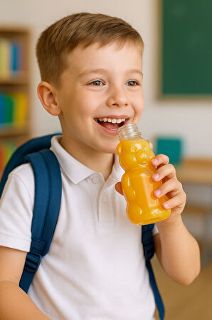 20 Adet Ayıcık Şişe – Turuncu Kapaklı, Okul ve Piknik İçin Eğlenceli Çocuk Meyve Suyu Şişesi 250 ml