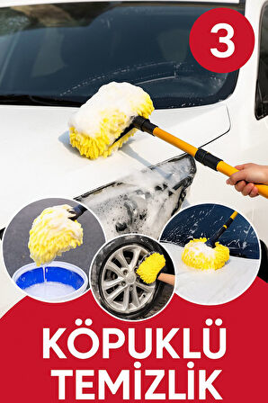 Teleskopik Saplı 3’lü Araç Yıkama Seti – 360° Döner Başlık, Mikrofiber ve Yumuşak Fırça Uçlu
