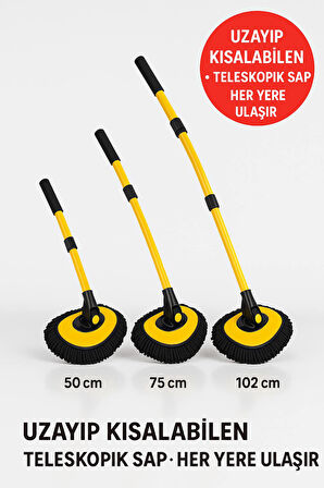 Teleskopik Saplı 3’lü Araç Yıkama Seti – 360° Döner Başlık, Mikrofiber ve Yumuşak Fırça Uçlu