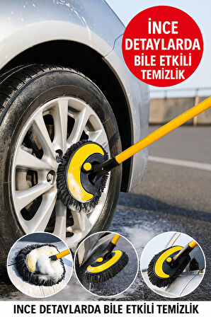 Teleskopik Saplı 3’lü Araç Yıkama Seti – 360° Döner Başlık, Mikrofiber ve Yumuşak Fırça Uçlu