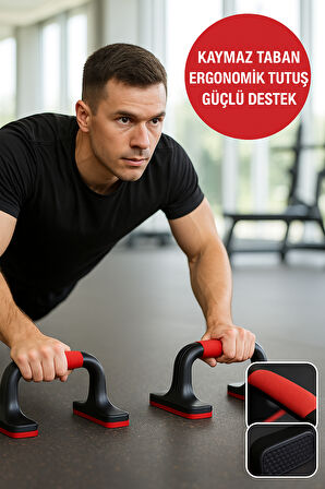 Kaymaz Tabanlı Push-Up Standı – Ev ve Salon Kullanımına Uygun Güçlü Destek Aparatı Kırmızı