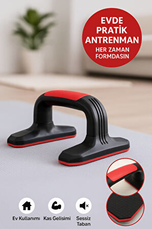 Kaymaz Tabanlı Push-Up Standı – Ev ve Salon Kullanımına Uygun Güçlü Destek Aparatı Kırmızı